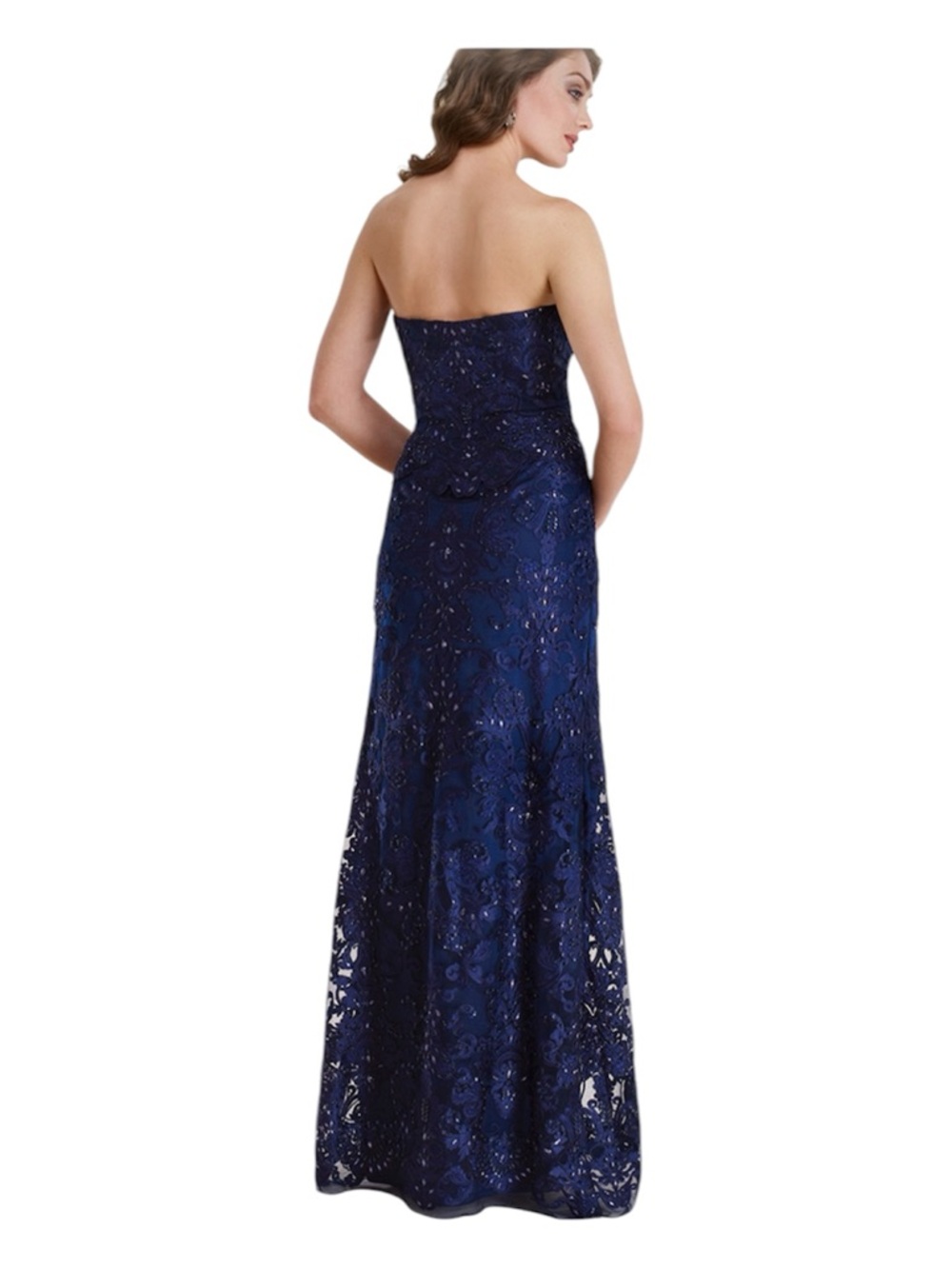 Rina diMontella Strapless Navy Blue Lace Evening Gown